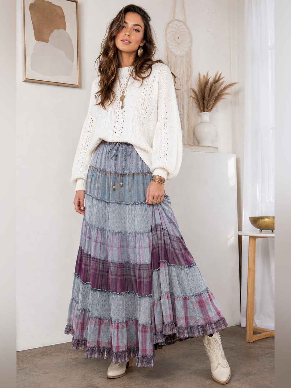 #15O ⚫️New! Tiered Maxi Skirt with Drawstring Waist in Lavender Gray and Plum